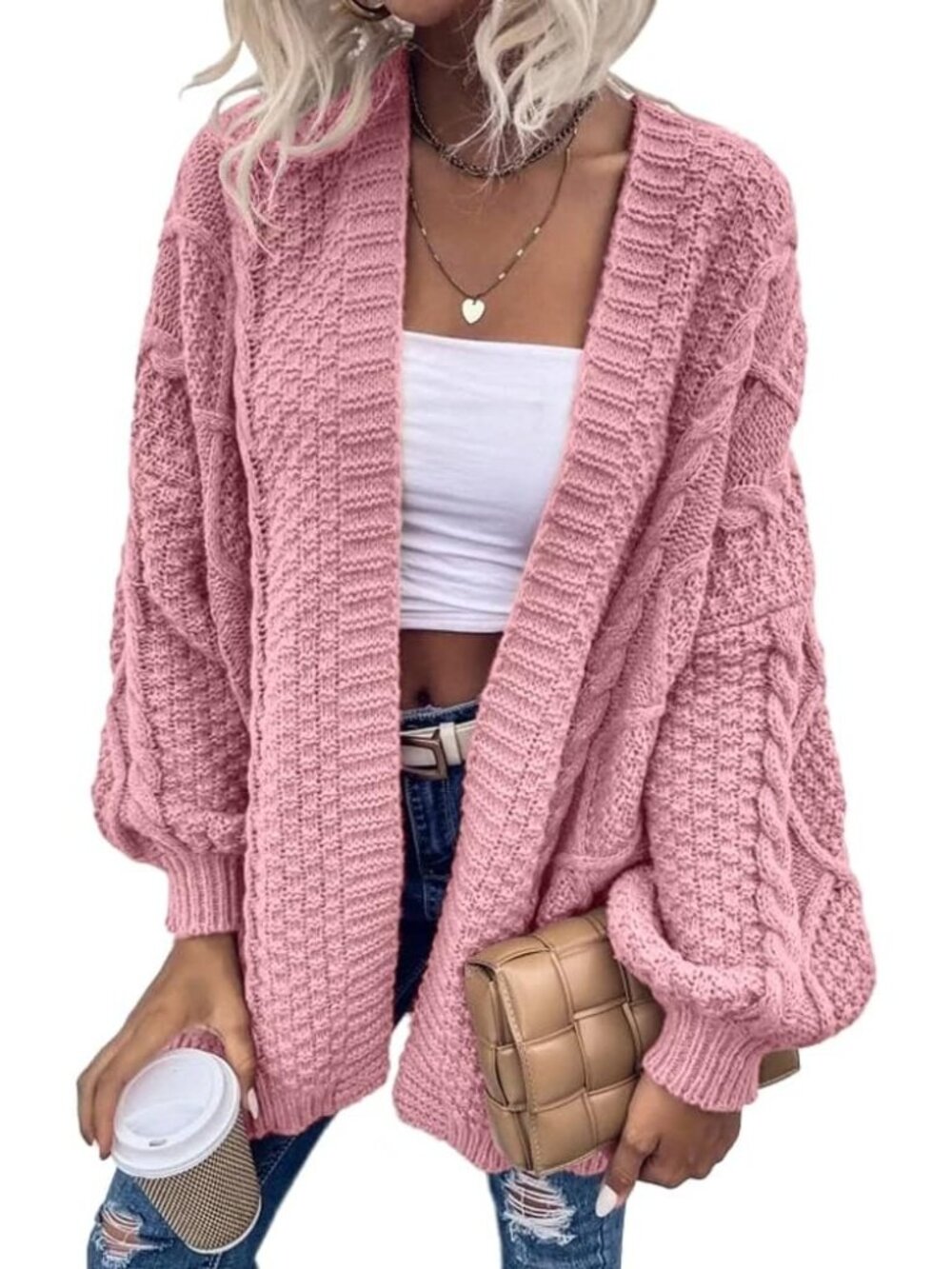Women's Pink Lantern Style Long Sleeve Oversized Knit Cardigan Sweater